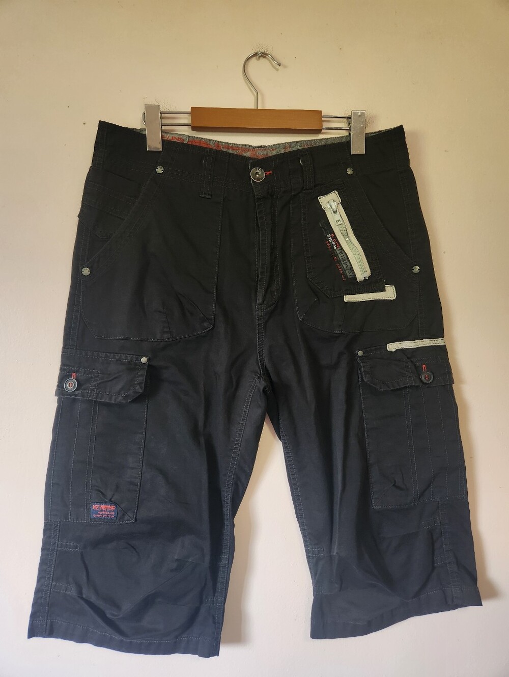 Vintage Y2K Noize Jeans Black Long Cargo Skater Shorts Techwear Cyber Grunge 34